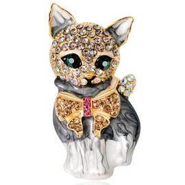 FAIRYGATE Brooches for Women UK Crystal Cat Bow Lapel Pin Cute Green Eye Kitten Brooch Alloy Rhinestone Clothing Accessories，B3409