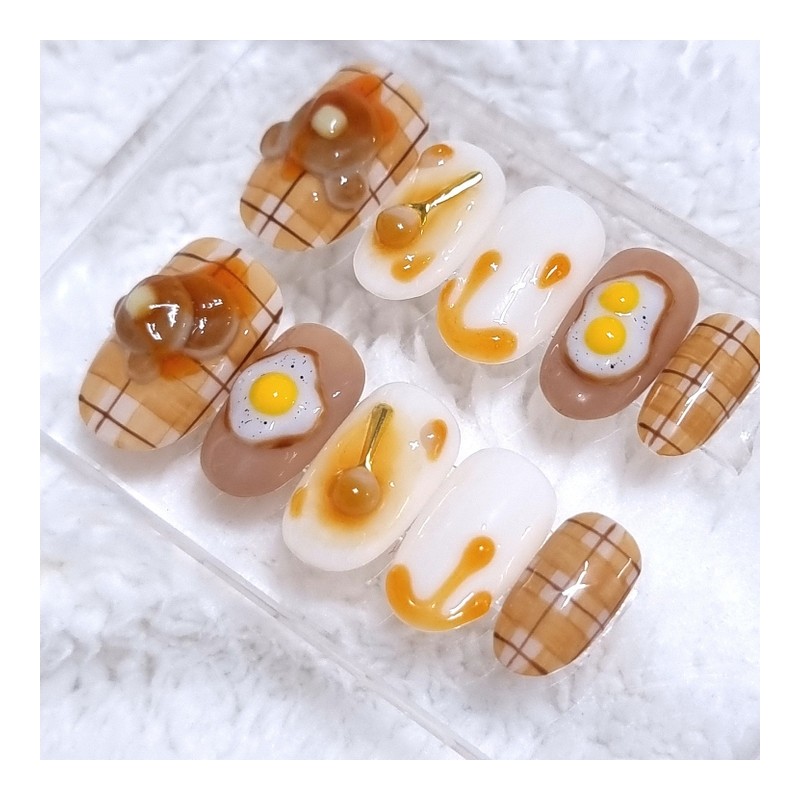 Egg and Pancake Homemade Nail Tips - Short Square /