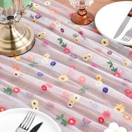 Flowers Table Runner, Table Runner with Daisies, Table Runner Spring Modern, 100 x 150 cm, Tablecloth Tulle Flowers, Embroidery Tablecloth for Party, Weddings, Table Decoration (White)
