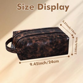 Yootiko Pu Leather Pencil Case Portable Large Waterproof Double Layer Square for Men Women Vintage Toiletry Bag with Zipper for Travel Home Work School (Dark