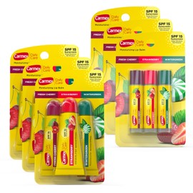 Carmex Daily Care - Bálsamo labial hidratante con SPF 15, paquete de bálsamo labial multisabor, 18 unidades (9 tubos, 9 barritos)