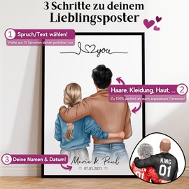 Tassenliebling® - Pärchen Poster personalisiert - Jahrestag Geschenk für ihn oder für sie - A4 (21x30cm) OHNE Rahmen - Liebesgeschenk zum Valentinstag für Freund Boyfriend Freundin