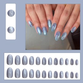 Press on Nails Short Almond- ZIFANHU Ombre Ice Blue fake nails Press Ons Nail Art Tip Full Cover Acrylic Glitter False Nails with Cat Eye Design Glue on Nails for Women 24Pcs