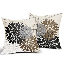 Black Brown Pillow Covers 16x16 Inch Dahlia Flower Decorative Throw Pillows Modern Geometry Floral Outdoor Farmhouse Pillowcase Linen Square Cushion Case Decor for Home Sofa Couch Bed, Set of 2