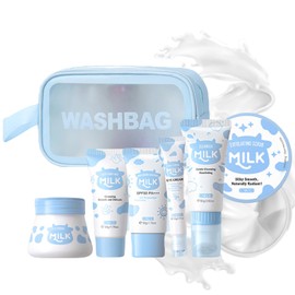 Skincare Kits Milk Girls Gifts - Skin Care Set - 7PCS Travel Kit with Cleanser Face Wash, Hand Wax, Sunscreen, Face & Eye Cream, Exfoliating Scrub, Skin Care Bag - Nourishing Gift Set for Women