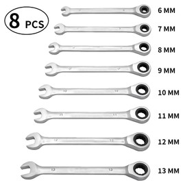 Nlvnmv 8 Pcs Ratchet Combination Wrench Set, Metric Double-Headed Spanner Set with Open-End and Ring Wrenches, 6-13 MM, Silver, Plum Blossom Opening Design