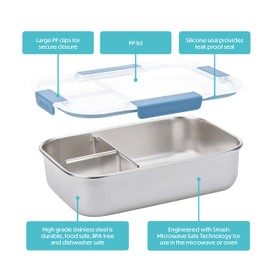 Smash Stainless Steel Bento Lunch Box, 3 Compartments, Blue, 1300ml