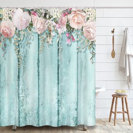 Tititex Pink Flowers Shower Curtain Sets, Blossoming Floral Roses on Rutic Teal Blue Wood Bathroom Decorative 70 X 78 Inch Polyester Waterproof Fabric Bathroom Curtain with Hooks
