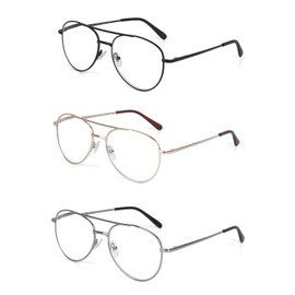 EYE ZOOM 3 Pack Aviator Style Metal Frame Blue Light Blocking Reading Glasses (Multi Color, +2.00 Strength)