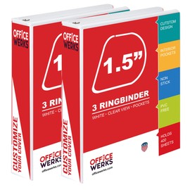 3 Ring Binders, 1.5 Inch Slant D-Rings, White, Clear View, Pockets 2Pack