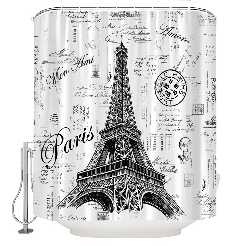 KDYDK Eiffel Tower Shower Curtain Retro Hand-Painted Postmar Seal France