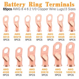 260Pcs AWG8 4 6 2 1/0 Gauge Battery Ring Terminals and Non-Insulated Butt Connectors kit,65Pcs Uninsulated Crimp Ferrule lugs,65pcs Copper Cable lugs with 130pcs 3:1 Heat Shrink Tube in Two-Side Box