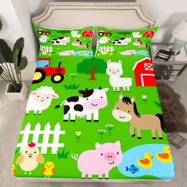 Manfei Farm Animals Sheet Set Cow Horse Pig Hen Chicken Sheep Fitted Sheet Cartoon Animal Bedding Set 3pcs for Kids Microfiber Bed Sheet Set (1 Fitted Sheet + 2 Pillow Cases) Full Size