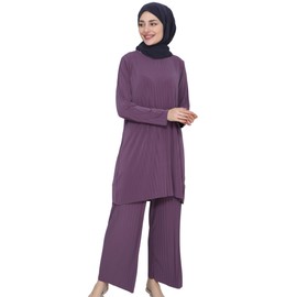 ilmekstore Women's Muslim Long Sleeve Tunic and Pant Set 2 Piece Sets Abaya Casual Outfits Blouse and Pant Dress (US, Alpha, Small, Medium, Regular, Regular, Rose Dried)