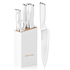 Diamosteel White Knife Set with Block, 7 Pieces Small Knife Block Set with Stainless Steel Blade Ergonomic Handle, Kitchen Knives Set Gifts for Chef