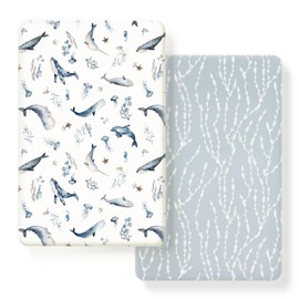 Stretchy Ultra Soft Jersey Knit Fitted Pack n Play Sheets Set 2 Pack, Portable/Mini Crib Sheets for Girls, Universal Fit for Pack N Plays Safe and Snug, Cute Sea Fish Print