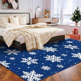GarveeHome Washable Rugs 8x10 Christmas Rug for Living Room Non-Slip Snow Pattern Soft Bedroom Rug, Stain Resistant Large Area Rug, Foldable Indoor Decorative Carpet for Dining Room, Home Office, Blue