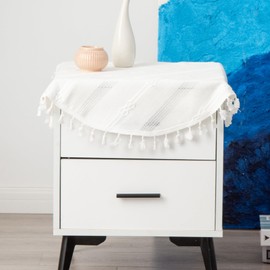 Hpxrom Round Linen Ivory Small Tablecloth Farmhouse Embroidered Bedside Table Cover Washable Wrinkle Resistant Table Cloth for End Table Plant Stand Cabinet Home Tabletop Decoration 24 Inch