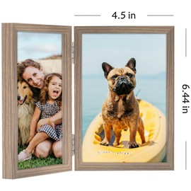 THCASITO 4x6 Double Picture Frame Vertical Wooden Hinged Photo Frame 2 Opening Folding Collage with Definition Glass, Grain