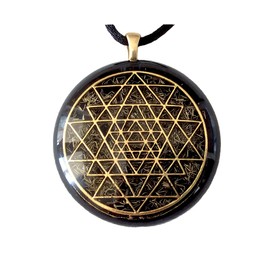 Orgone pendant Necklace Golden Sri Yantra Black Tourmaline and Shungite. Made in USA