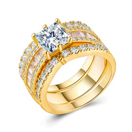 Ahloe Jewelry CEJUG 14K Gold Plated 2.3Ct Bridal Ring Sets for Women Engagement Rings Wedding Bands Princess Cz Three-in-one Size 8