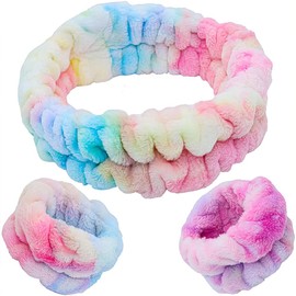 Spa Makeup Headband for Washing Face and Matching Wristbands, Teen Girls Fuzzy Skincare Headbands, Soft Facial Makeup Head Band, Shower Skin Care Girl Hair Sleepover Party Supplies (Tie Dye)