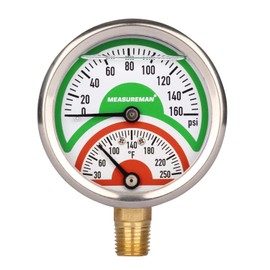 MEASUREMAN Tridicator, Thermo-Manometer, 2-1/2", Silicone Oil Filled, 0-160psi/30-250 deg F, Stainless Steel Case, 1/4" NPT Lower Mount Pressure Gauge