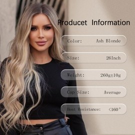 T-color Long Ash Blonde Wavy Wig for Women 26 Inch Middle Part Curly Wavy Wig Natural Looking Synthetic Heat Resistant Fiber Wig for Daily Wear, Party, Cosplay