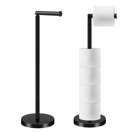 HOMEZI Toilet Roll Holder Free Standing with HEAVY BASE, Premium Toilet Roll Stand, Stainless Steel loo roll holder for Bathroom 2 in 1 Holder and Storage for 5 Rolls - Black