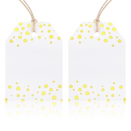 YBEATY 100 Pcs Polka Dot Gift Tags with String Gold Foil Metallic Confetti Gift Bag Tags White Paper Labels Party Favors Hanging Name Labels for Baby Shower Birthday Wedding