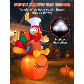 6 FT Thanksgiving Inflatable Turkey on Pumpkin Decorations with Chef Hat & Holding Hamburger - Blow Up Turkey with LED Lights for Fall Harvest Festive Yard and Lawn Outdoor Indoor Decor