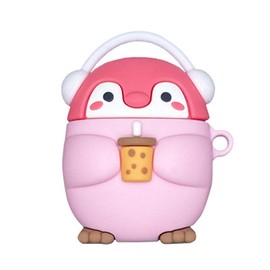 BONTOUJOUR Earphone Case Compatible with AirPods Pro, Super Cute Standing Headphone Penguin Baby with Milk Tea in Hand Case, Stylish Kawaii Soft Silicone Earbud Protection Skin -Pink