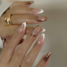 White French Tip Press on Nails Short Almond 3D Gold Curve Line Fake Nails Stars False Nails with Designs Rhinestones Petite Glossy Glue on Nails Acrylic Nails for Women Girls 24Pcs