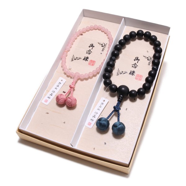 Nenjudo Pair Set of Beads Made in Japan, Ebony, Blue Tiger Eye Stone, Two Tiens (Tassel Color, Iron Navy), Men's, Red Crystal, Rose Quartz (Tassel Color, Coral) for Women, [With Prayer Bag ] Pure Silk
