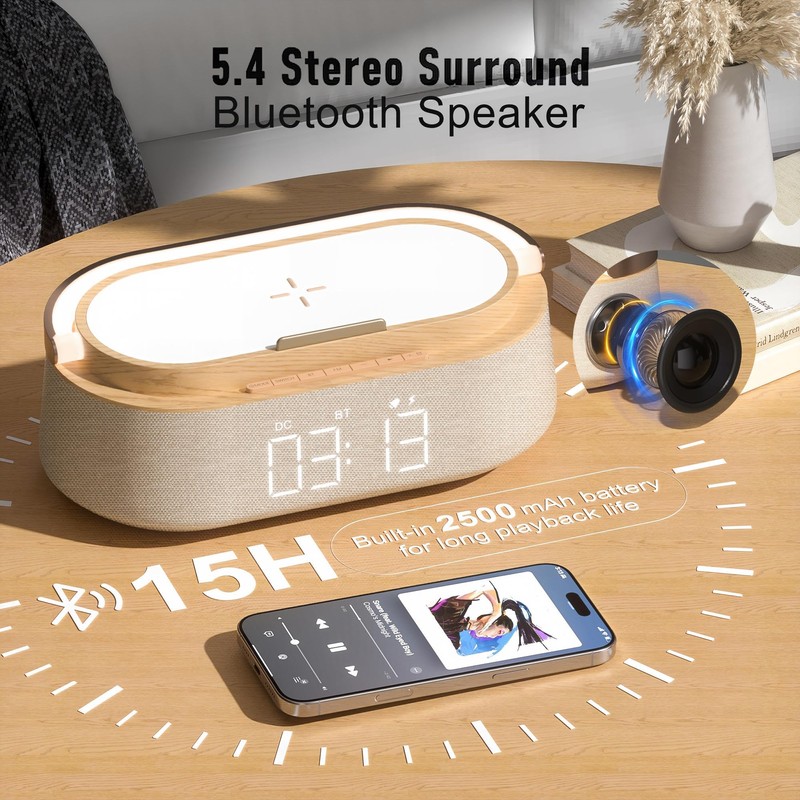 Alarm Clock Bedroom with Wireless Charger Bluetooth Speaker FM Radio