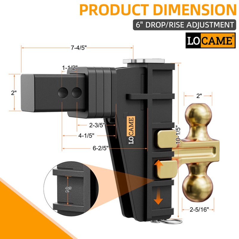 LOCAME 2" Receiver 6" Drop/Rise Adjustable Tow Hitch Dual Ball
