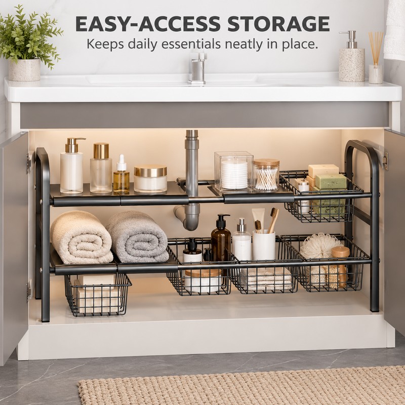 Expandable Under-Sink Organizer for Kitchen & Bathroom – Single-Tier 3-Panel