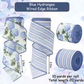 AnyDesign Hydrangea Flower Wired Edge Ribbon Blue Floral Stripe Craft Ribbons Summer Spring Fabric Ribbon for Wreath Bow DIY Wrapping Party Decor, 2 Rolls, 20 Yard