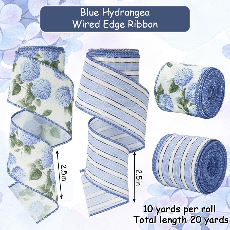 AnyDesign Hydrangea Flower Wired Edge Ribbon Blue Floral Stripe Craft