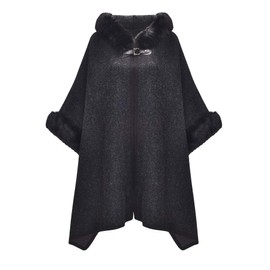 ZLYC Women Winter Fashion Faux Fur Trim Layers Hooded Cardigan Warm Poncho Cape Sweater (Black)