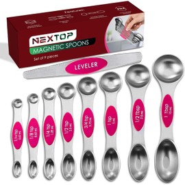 Magnetic Measuring Spoons Set of 9 Stainless Steel Dual-Sided Stackable Measuring Spoon Nesting Teaspoons Measuring Dry and Liquid Ingredients, Fits in Spice Jars Set of 9 (Pink)