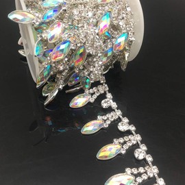 Fbshicung 1 Yard AB Resin Crystal Applique Rhinestone Trim Chain Fringe Embellishment for Bridal Applique DIY Dress Sash