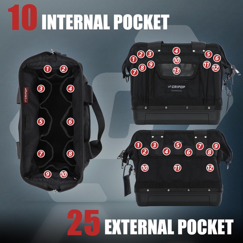 CRIPOP 13 Inch Wide Mouth Tool Bag, Heavy Duty Tool