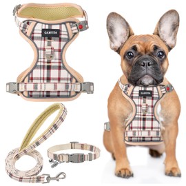 GAMUDA Dog Harness Collar and Leash Set, Dog Harness, No Chock No Pull Adjustable Vest Harnesses Plaid Reflective for Medium Dog, Cat, Small Horse, Small Bull and Pig (Beige, XS)
