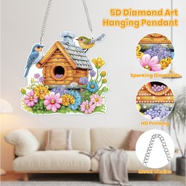 MOGTAA Bird House Diamond Art Hanging Pendant Kits, 5D Special Shape Diamond Art Kits for Adults, Crystal Rhinestones Flowers Diamond Painting Butterfly Gem Art for Home Garden Wall Decor