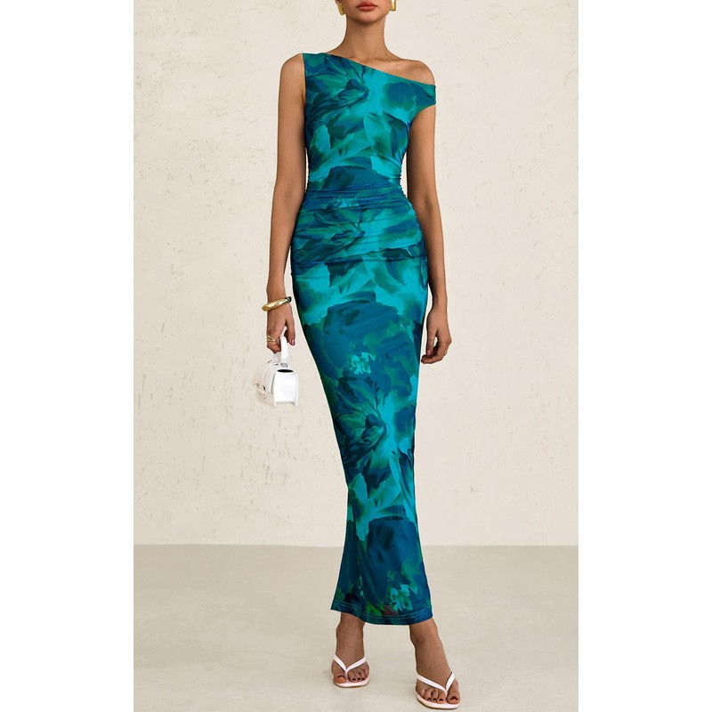 PRETTYGARDEN Women's 2025 Summer Floral One Shoulder Maxi Dress Stretch