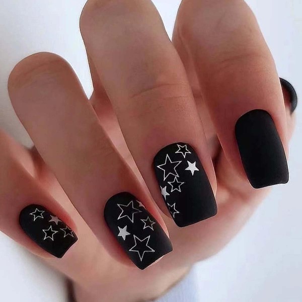 Black Press on Nails Square Fake Nails Medium False Nails