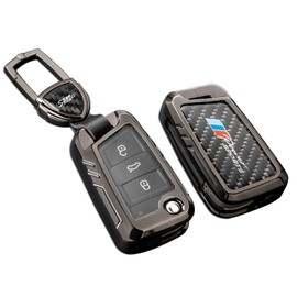 SLAKNOK for Volkswagen Key Fob Cover with Keychain,Real Carbon Fiber Zinc Alloy Protection Key Case Compatible with VW Key Shell Smart Remote keyless Entry Accessories(Gun_color and Black)