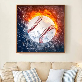 HONGJIE 5D DIY Diamond Art Painting Kit, Baseball 16X16 inches Round Full Drill Crystal Rhinestone Embroidery Cross Stitch Arts Craft for Home Wall Decor Gift