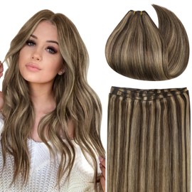 Ugeat 22inch Sew in Hair Extensions Human Hair Highlights Weft Hair Extensions Dark Brown Highlights Caramel Blonde Hand Tied Weft Hair Extensions Double Weft 105G